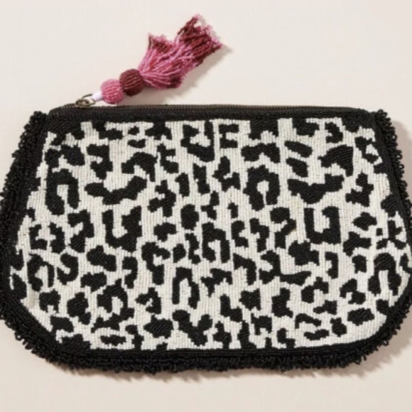 Anthropologie Harrison Beaded Embellished Pouch Clutch Purse Cheetah Leopard - Picture 1 of 3